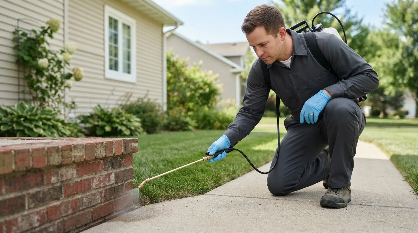 Pest control technician treating a home near Mahomet, IL