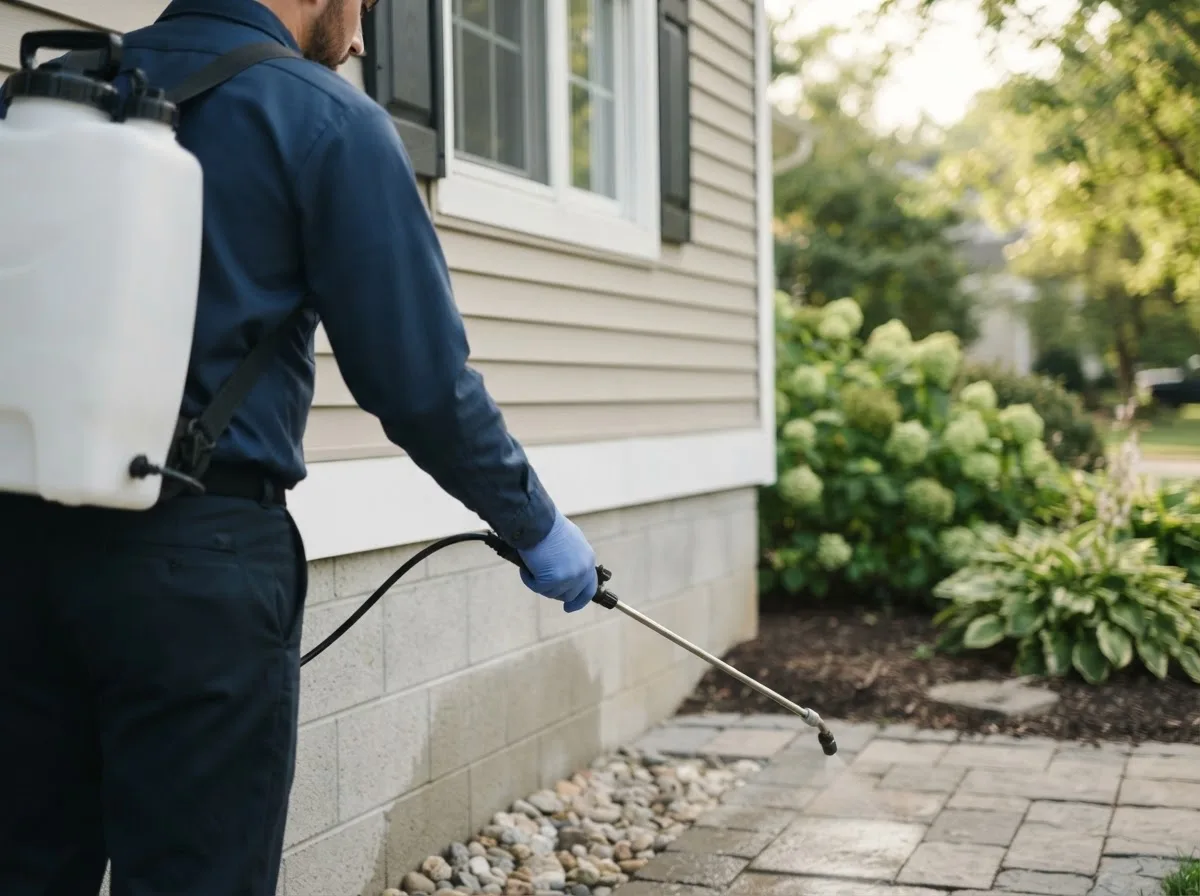 Pest control technician inspecting a home in Mahomet, IL